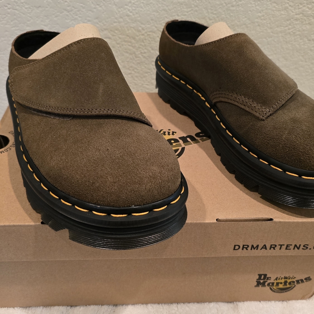 Dr. Martens ZebZag Olive Brown Suede Slip-On Loafers with Yellow Stitching